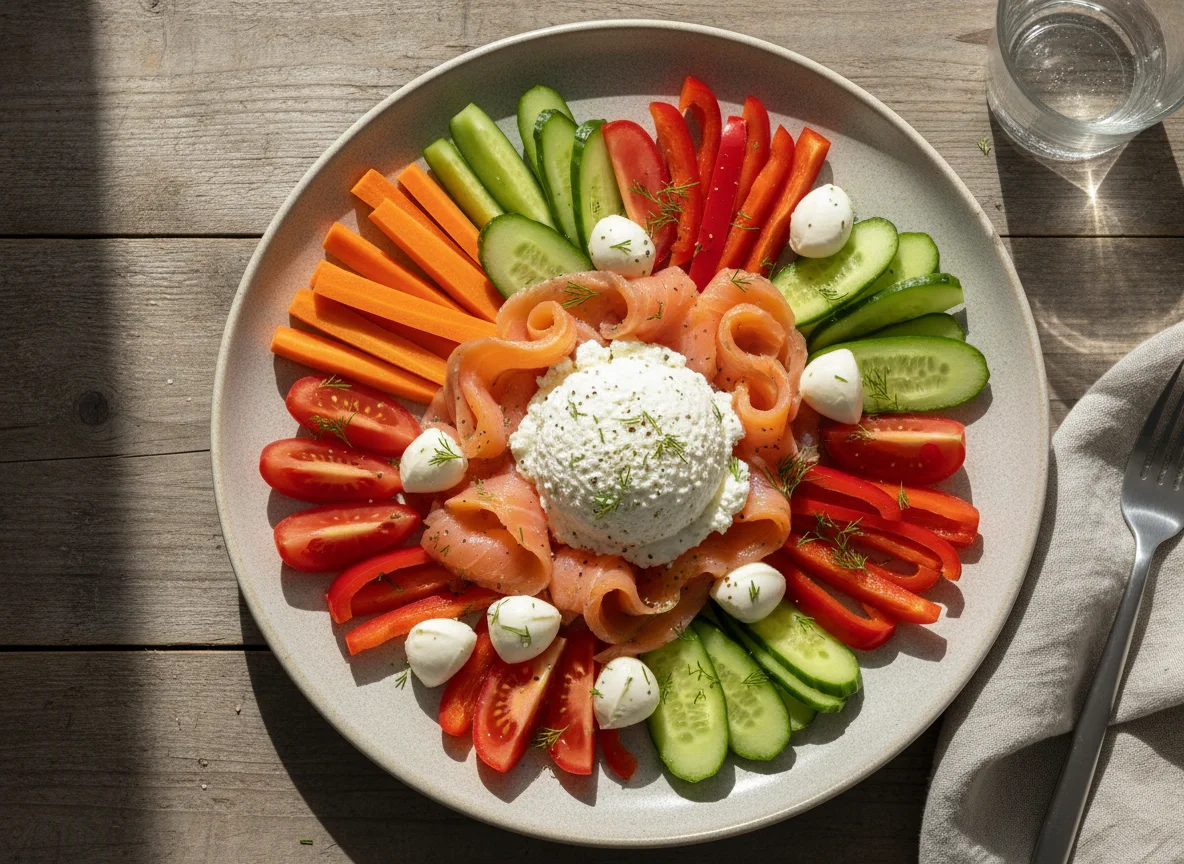 Gemischter Teller mit Lachs und Hüttenkäse photo