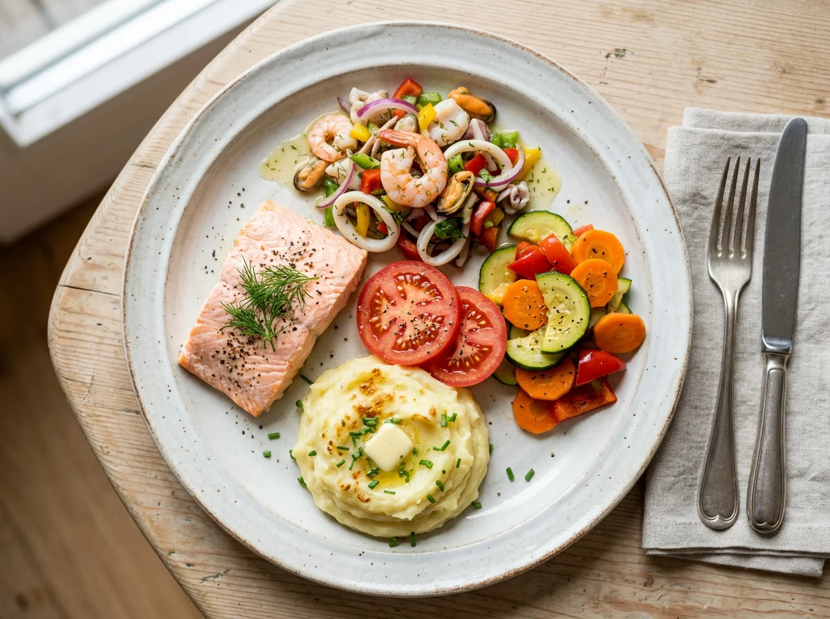 Gemischter Teller mit Meeresfrüchtesalat, Fisch, Gemüse und Kartoffelpüree photo