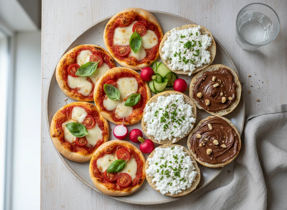 Gemischter Teller mit Mini-Pizzen und belegten Brötchenhälften photo