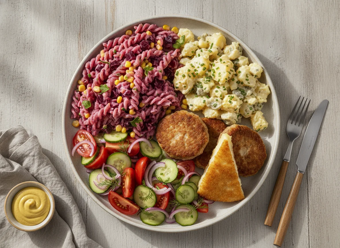 Gemischter Teller mit Nudelsalat, Frikadellen und Camembert photo