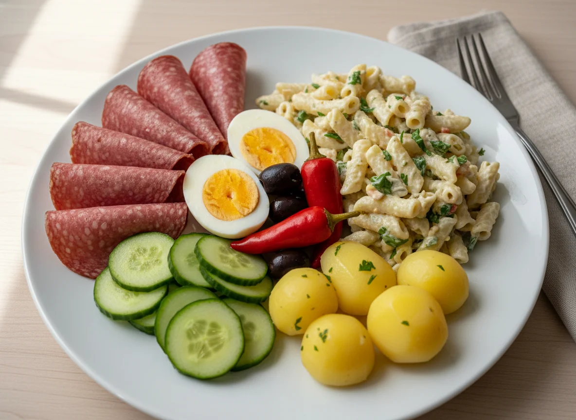 Gemischter Teller mit Nudelsalat und Eiern photo