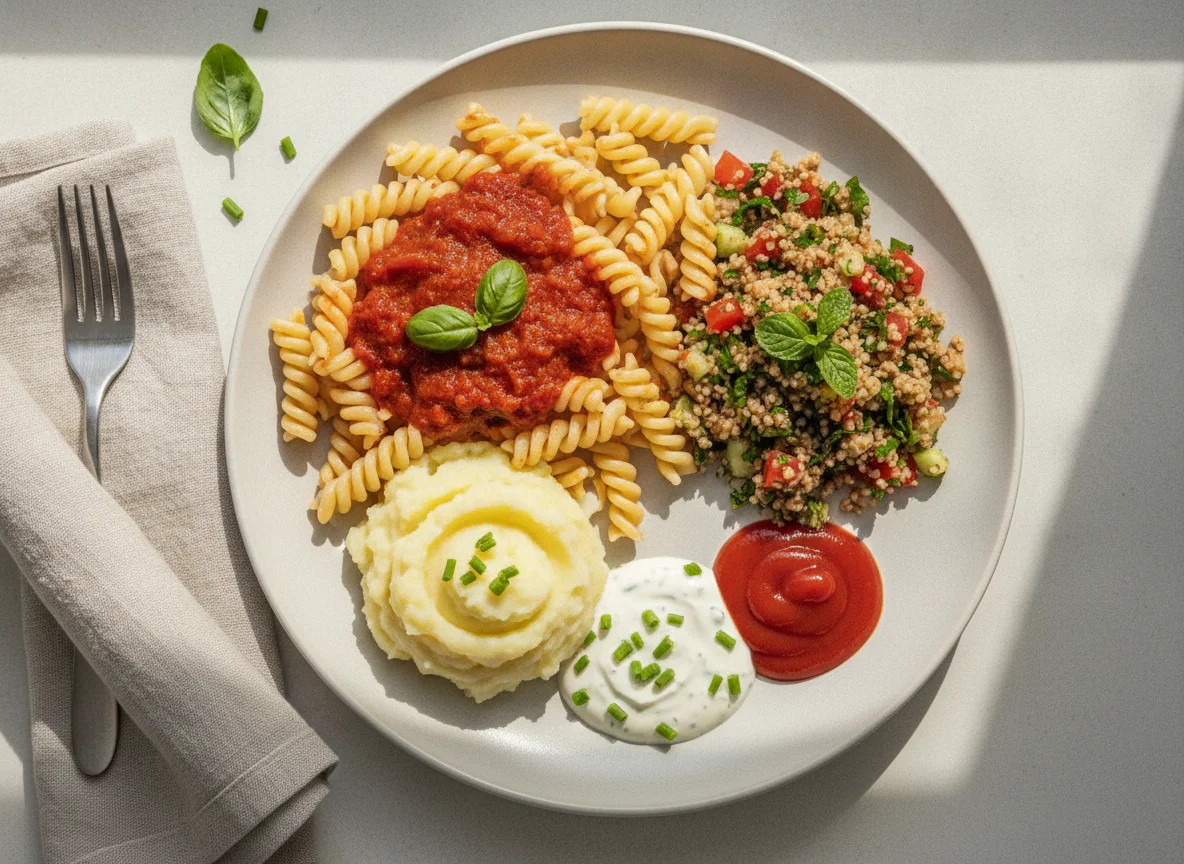 Gemischter Teller mit Pasta, Bulgur und Saucen photo