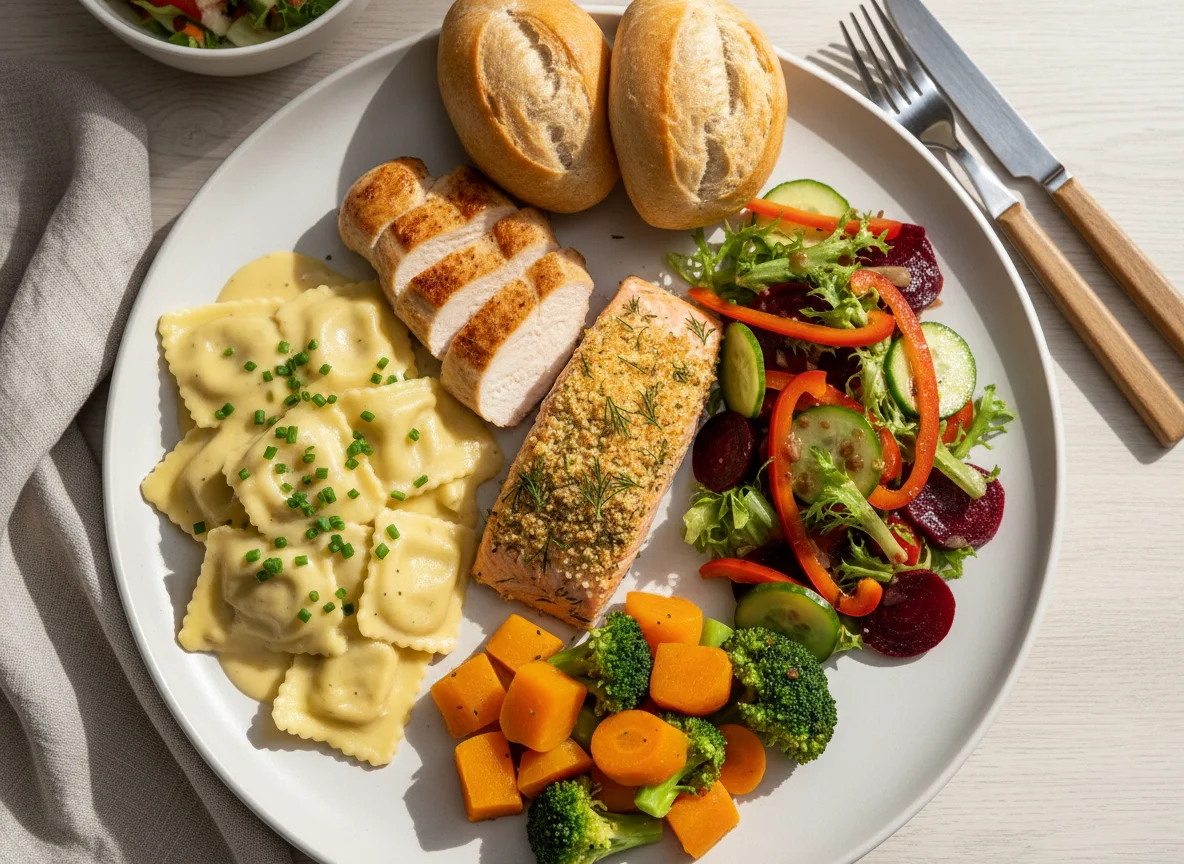 Gemischter Teller mit Pasta, Fisch und Gemüse photo