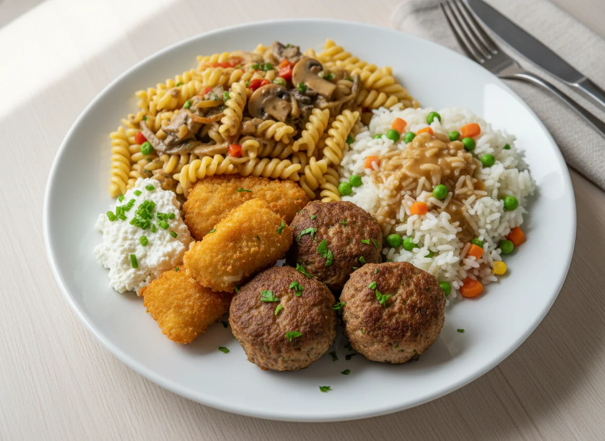 Gemischter Teller mit Pasta, Fleischbällchen und Fischknusperli photo
