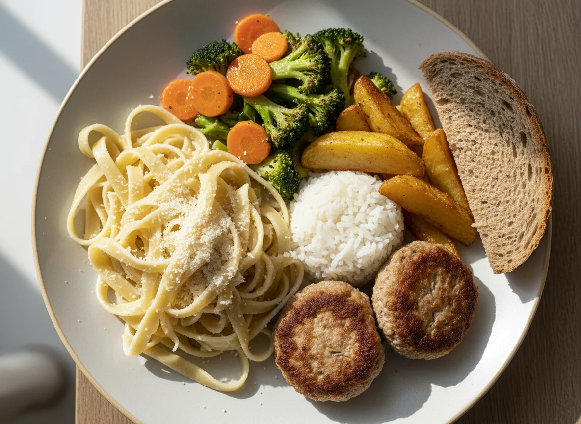 Gemischter Teller mit Pasta, Gemüse und Fleisch photo
