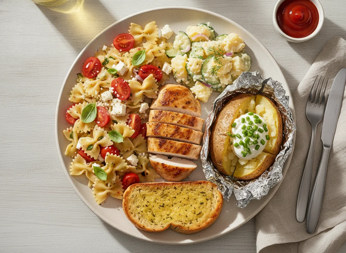 Gemischter Teller mit Pasta, Hähnchen und Beilagen photo