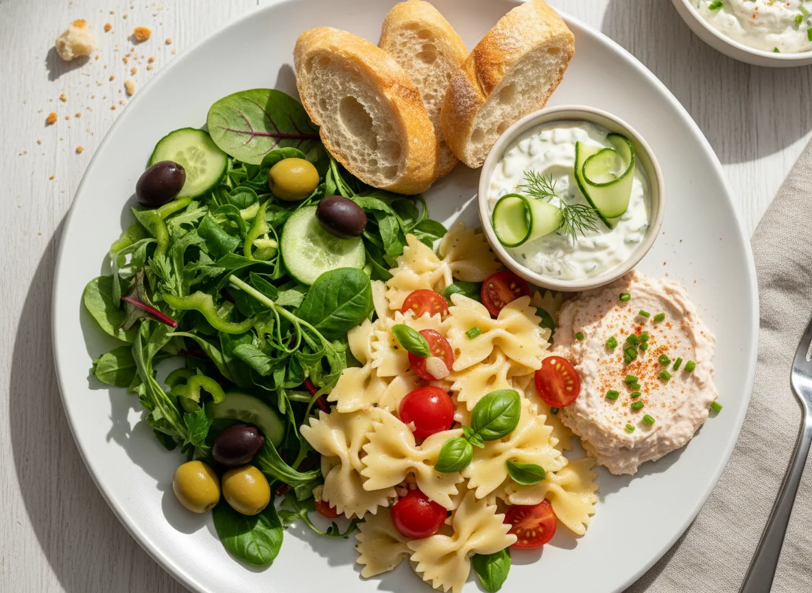 Gemischter Teller mit Pasta, Salat und Brot photo