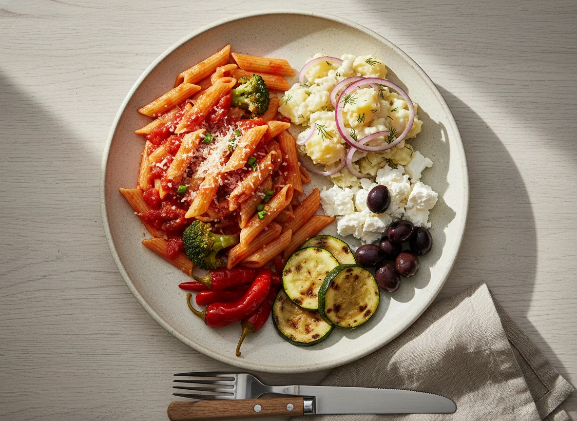 Gemischter Teller mit Pasta und Beilagen photo