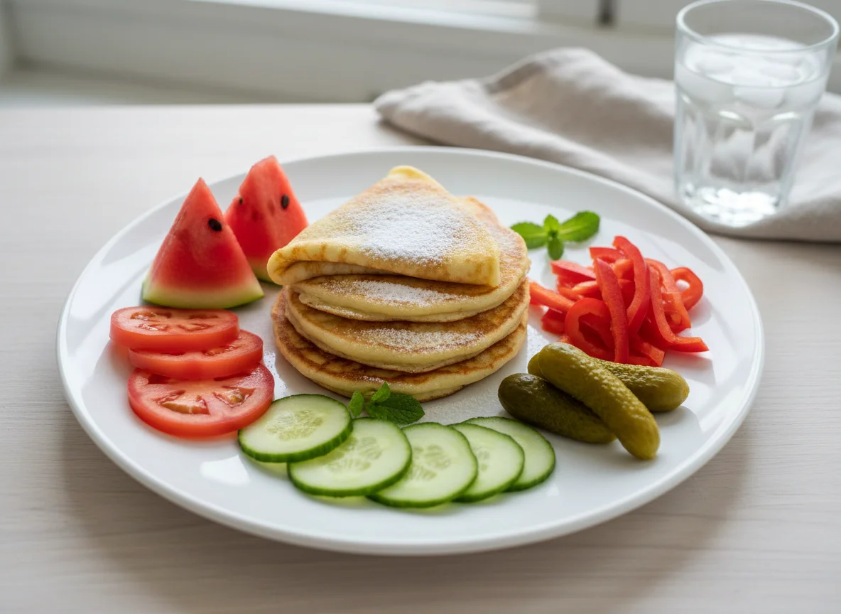 Gemischter Teller mit Pfannkuchen und Obst/Gemüse photo