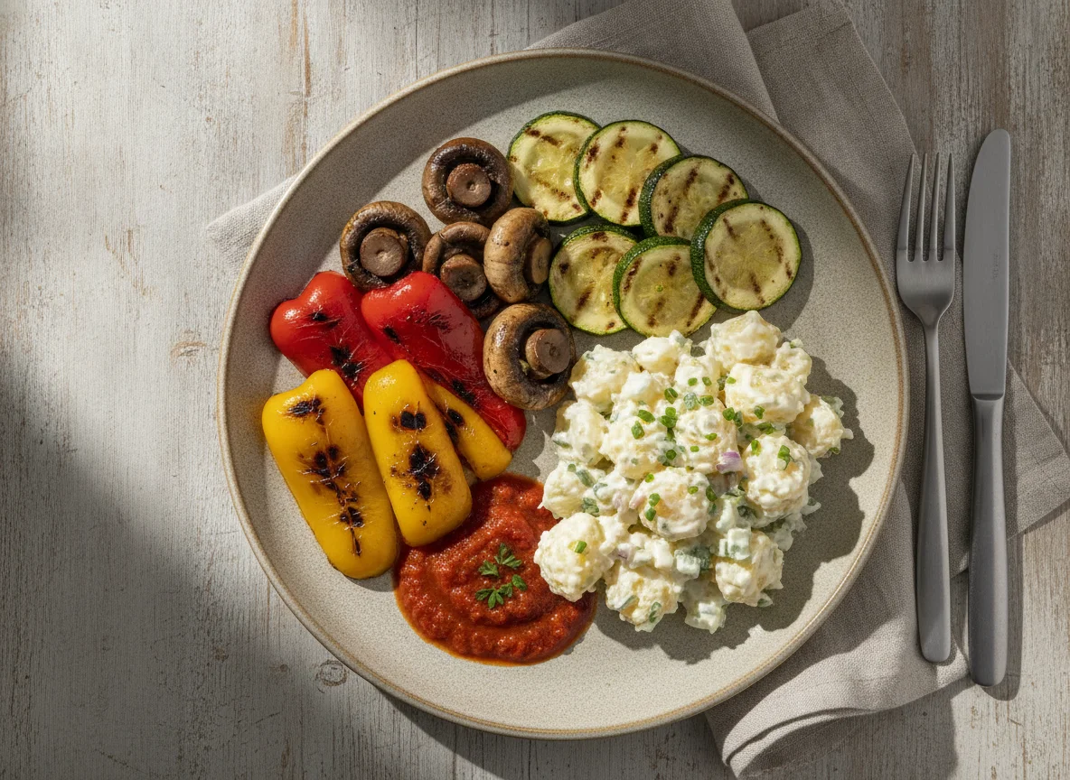 Gemischter Teller mit Pilzen, Gemüse und Kartoffelsalat photo