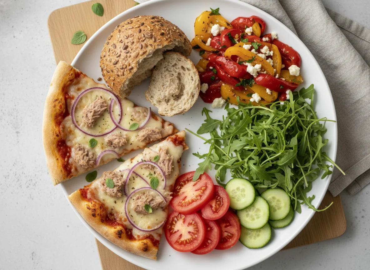 Gemischter Teller mit Pizza, Brot und Gemüse photo