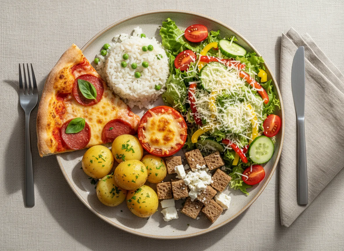 Gemischter Teller mit Pizza, Reis, Gemüse und Salat photo