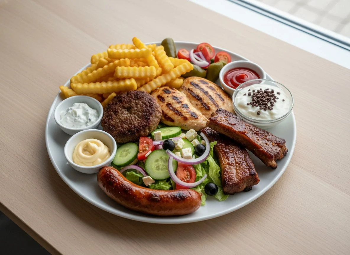 Gemischter Teller mit Pommes und Salat photo