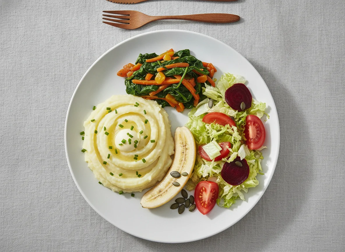 Gemischter Teller mit Püree, Gemüse und Salat photo