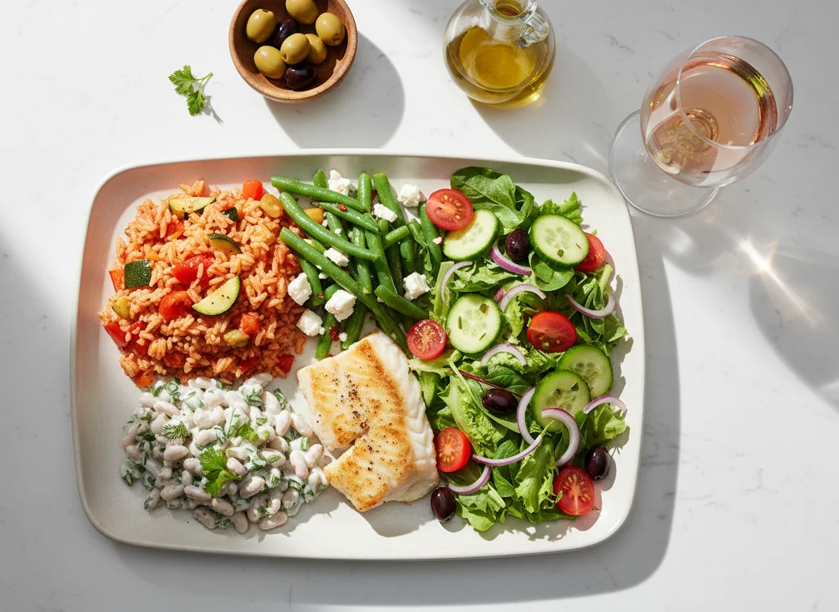 Gemischter Teller mit Reis, Bohnen und Salat photo