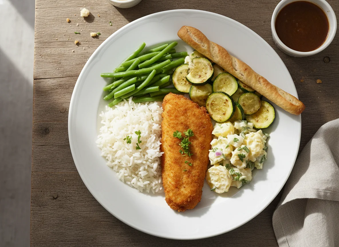Gemischter Teller mit Reis, Bohnen, Zucchini und paniertem Fisch photo