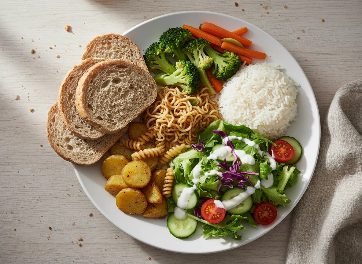 Gemischter Teller mit Reis, Gemüse und Salat photo