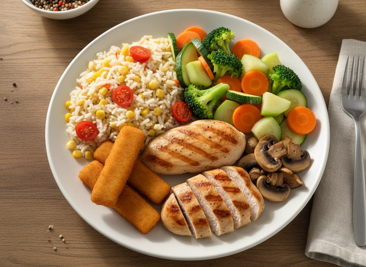 Gemischter Teller mit Reis, Hähnchen und Gemüse photo