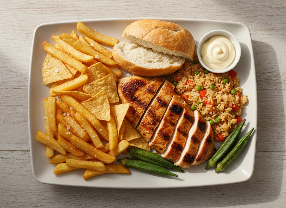 Gemischter Teller mit Reis, Pommes und Huhn photo