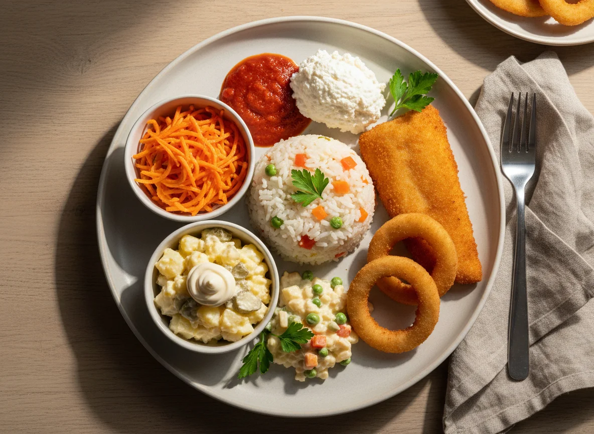 Gemischter Teller mit Reis, Salat und frittierten Speisen photo