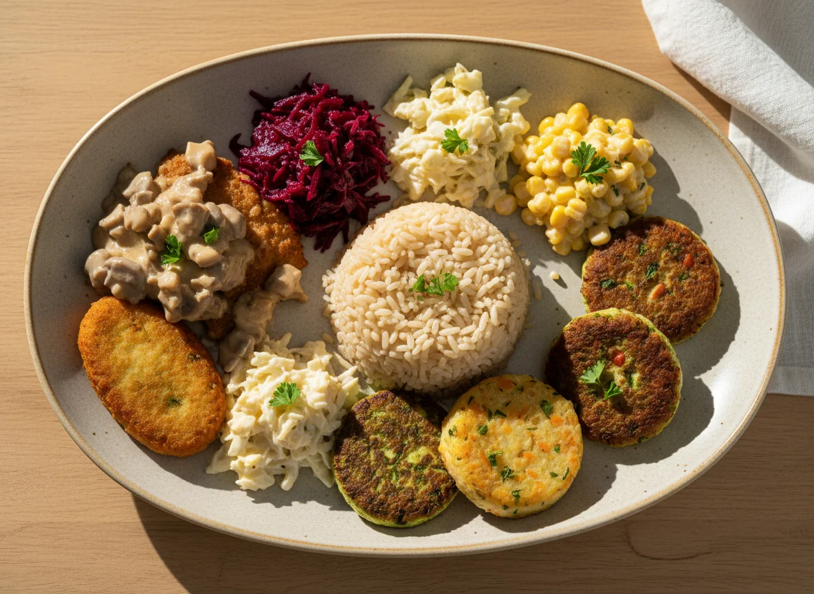 Gemischter Teller mit Reis und Beilagen photo