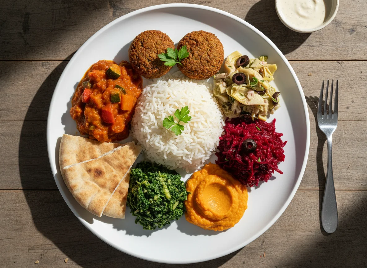Gemischter Teller mit Reis und Falafel photo