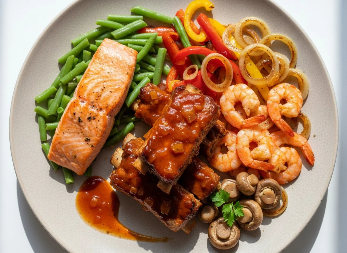 Gemischter Teller mit Rippchen, Lachs und Gemüse photo