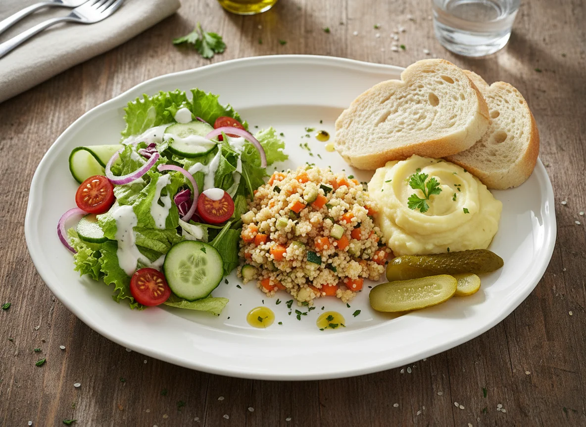 Gemischter Teller mit Salat, Couscous und Beilagen photo