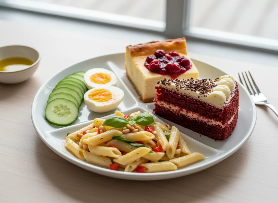 Gemischter Teller mit Salat, Ei und Kuchen photo