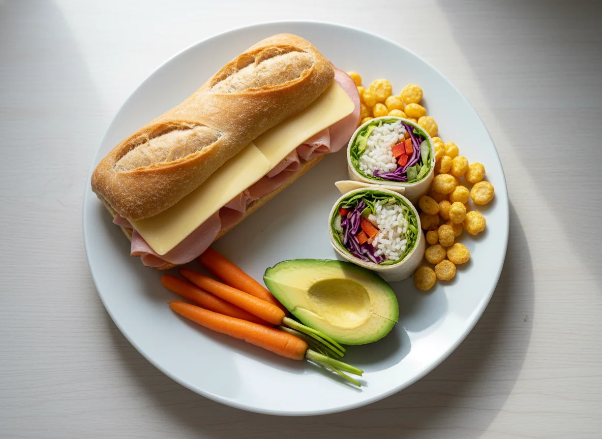 Gemischter Teller mit Sandwich, Wrap, Avocado und Snacks photo