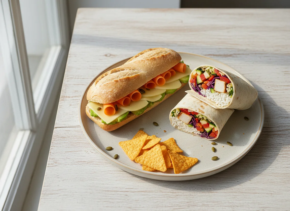 Gemischter Teller mit Sandwich, Wrap und Snacks photo