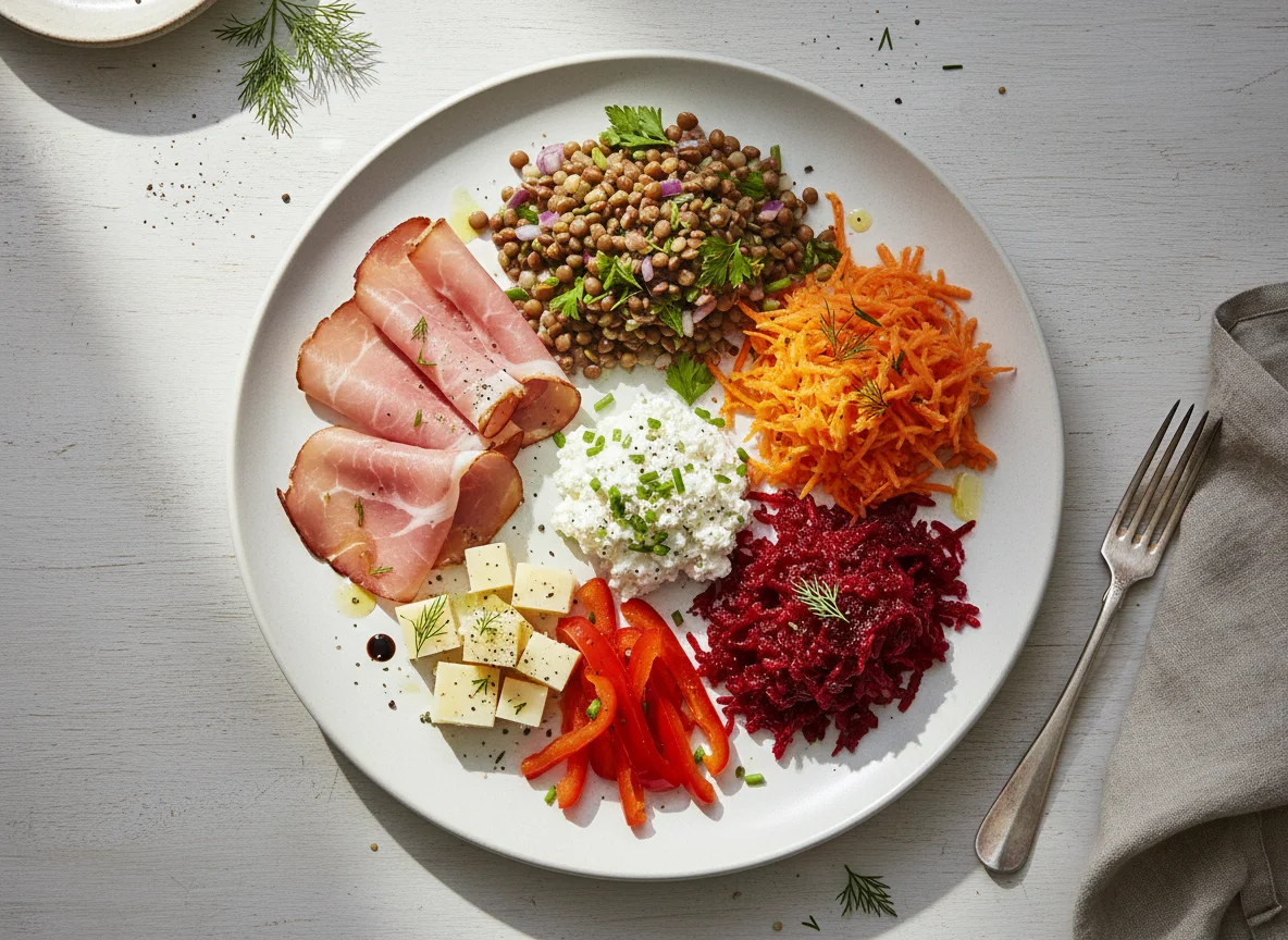 Gemischter Teller mit Schinken und Salaten photo