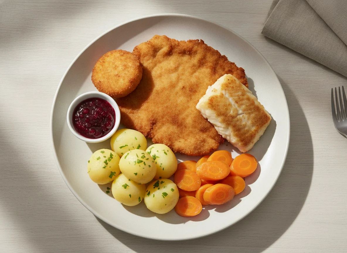 Gemischter Teller mit Schnitzel, Fisch und Beilagen photo