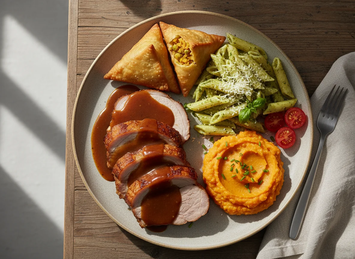 Gemischter Teller mit Schweinebraten, Süßkartoffelpüree, Pasta und Samosas photo