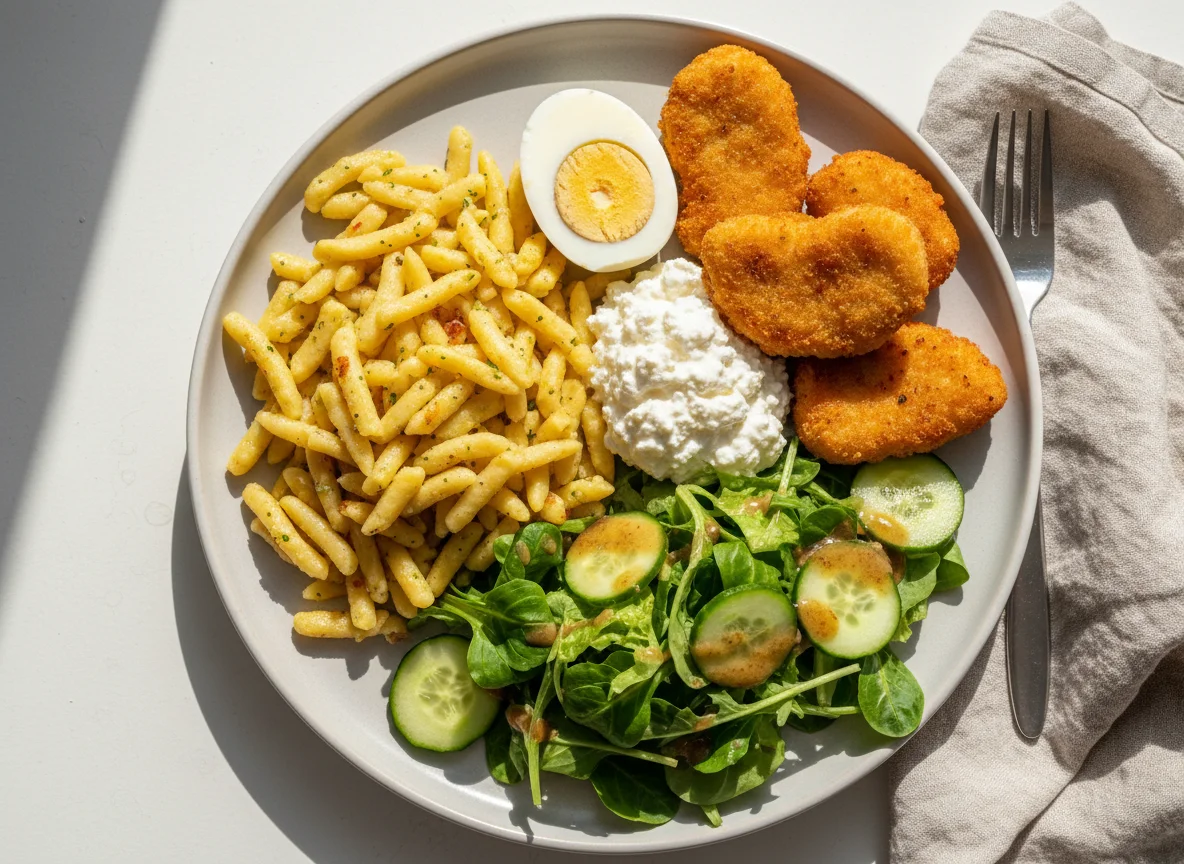 Gemischter Teller mit Spätzle, Nuggets, Eiern und Salat photo