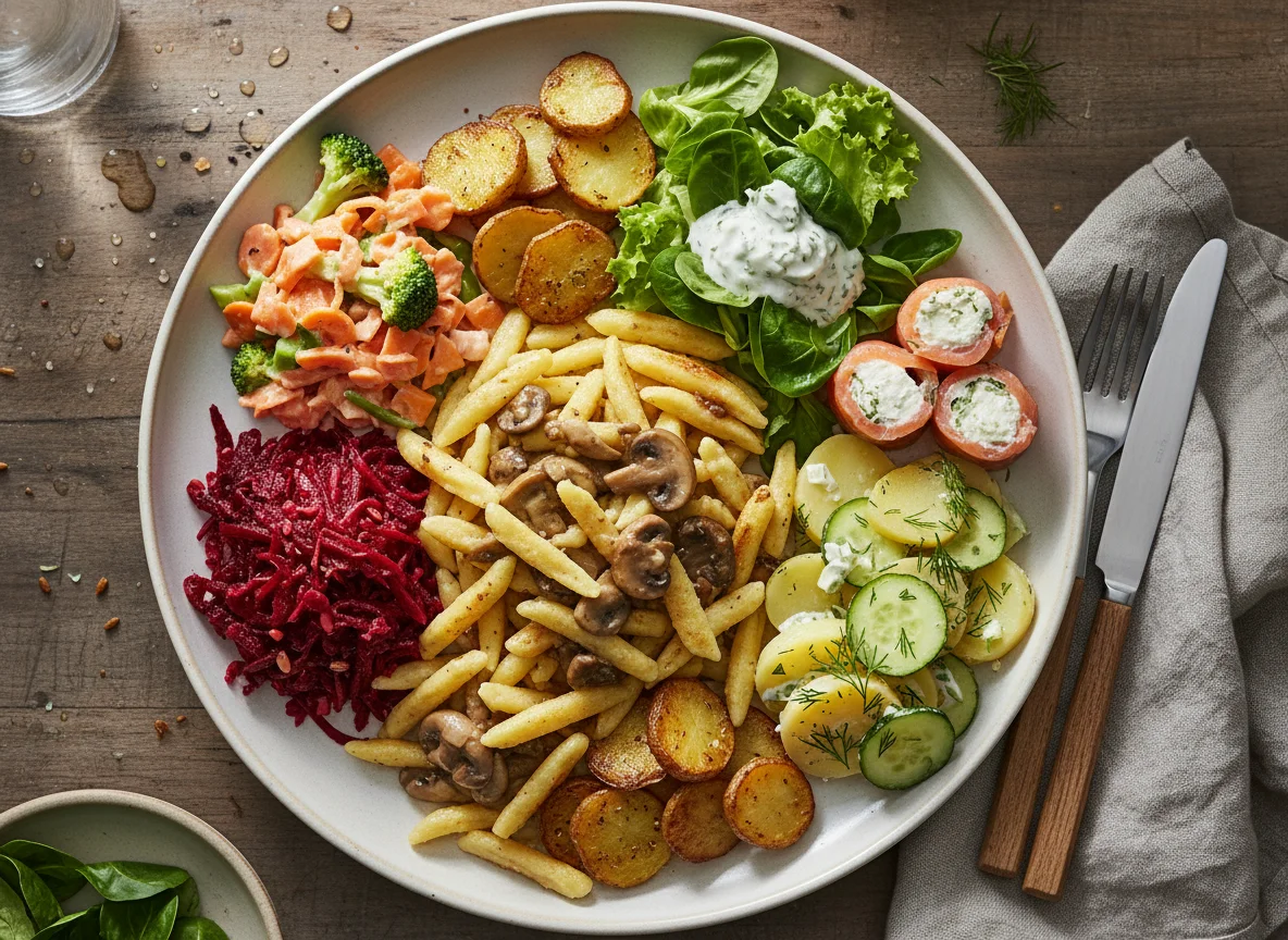 Gemischter Teller mit Spätzle und Salaten photo