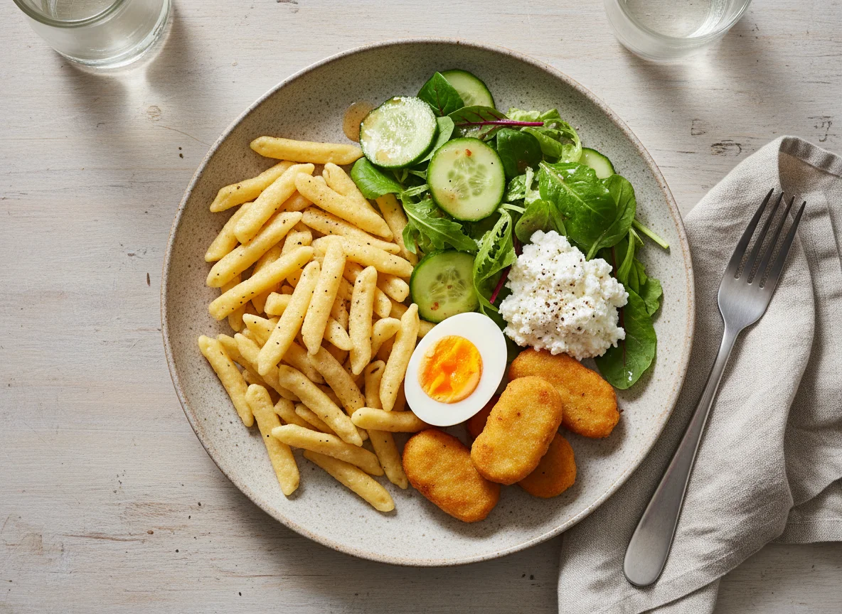Gemischter Teller mit Spätzli, Cornatur Nuggets und Ei photo