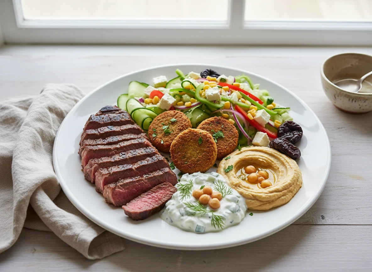 Gemischter Teller mit Steak, Falafel und Salat photo