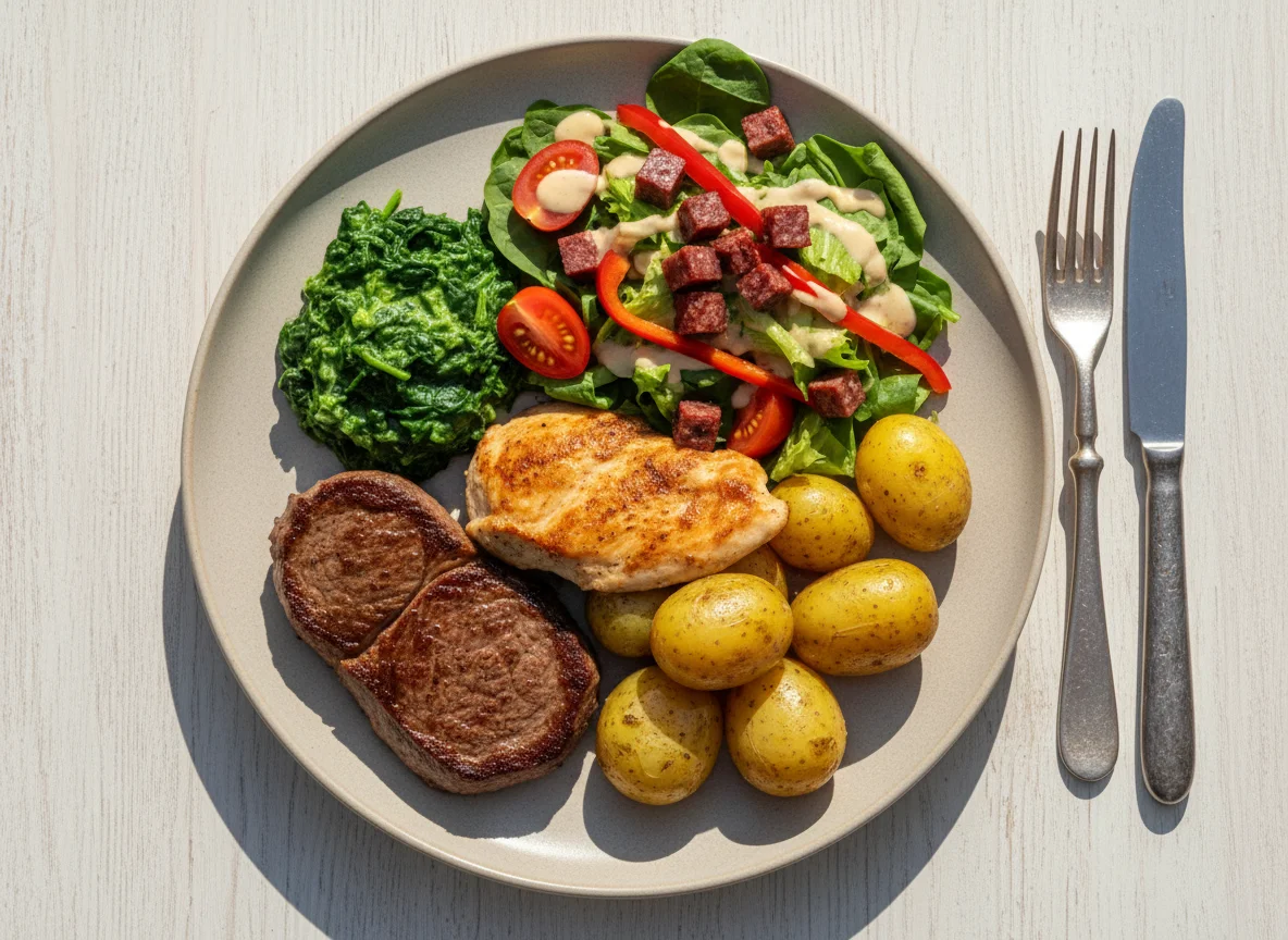 Gemischter Teller mit Steak, Hähnchen, Kartoffeln, Spinat und Salat photo