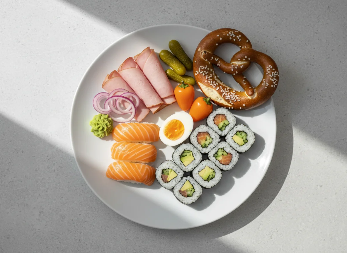 Gemischter Teller mit Sushi, Brezel und Aufschnitt photo