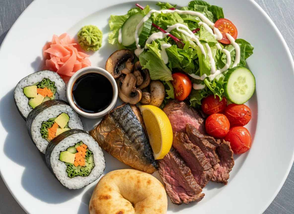 Gemischter Teller mit Sushi, Fisch und Beilagen photo