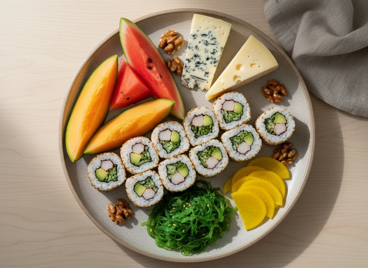 Gemischter Teller mit Sushi, Käse, Melone und Nüssen photo