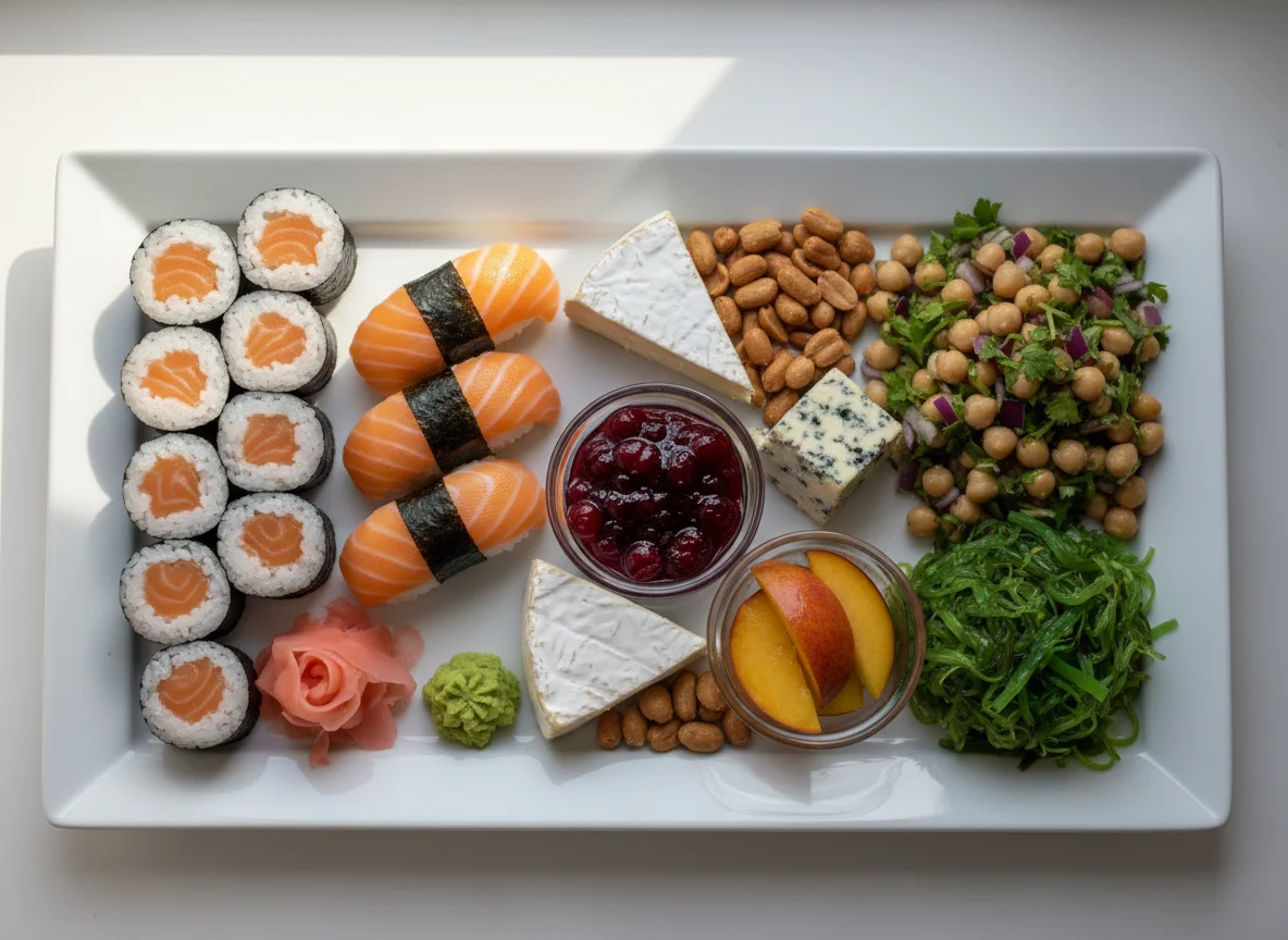 Gemischter Teller mit Sushi, Käse und Salaten photo