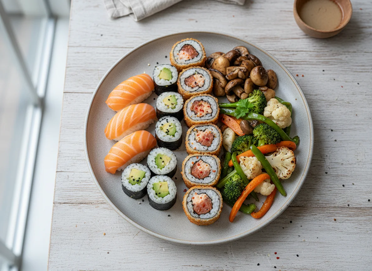Gemischter Teller mit Sushi und Gemüse photo