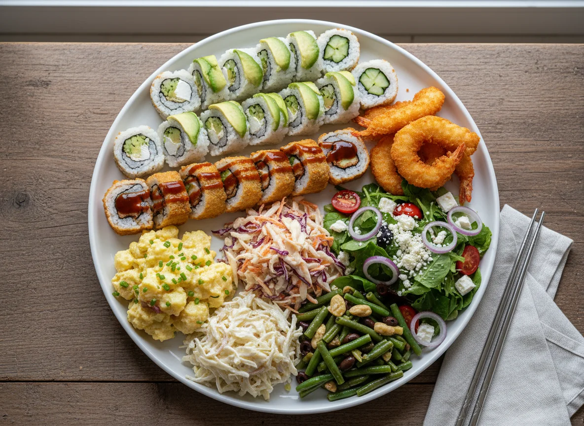 Gemischter Teller mit Sushi und Salaten photo