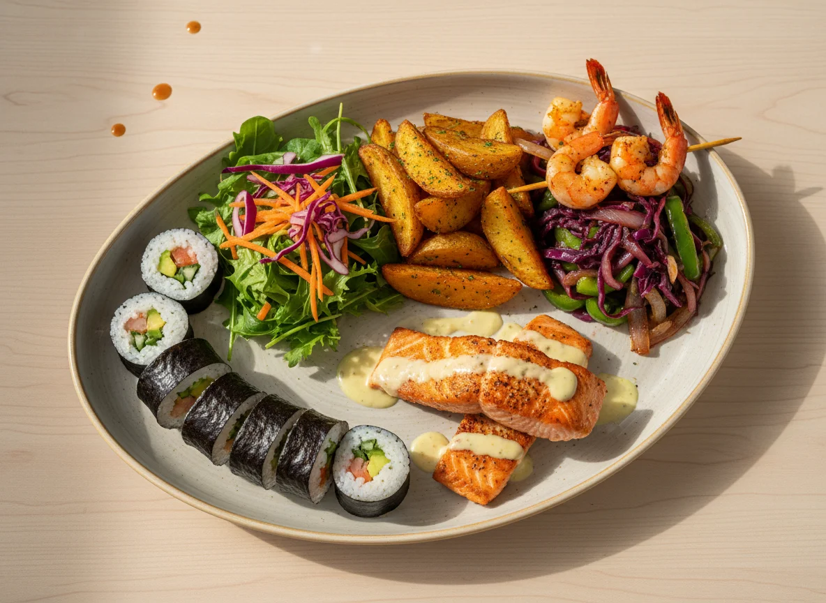 Gemischter Teller mit Sushi, Wedges und Salat photo