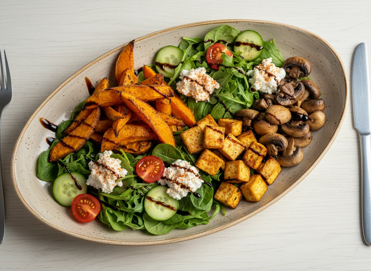 Gemischter Teller mit Süßkartoffeln, Pilzen, Salat und Tofu photo