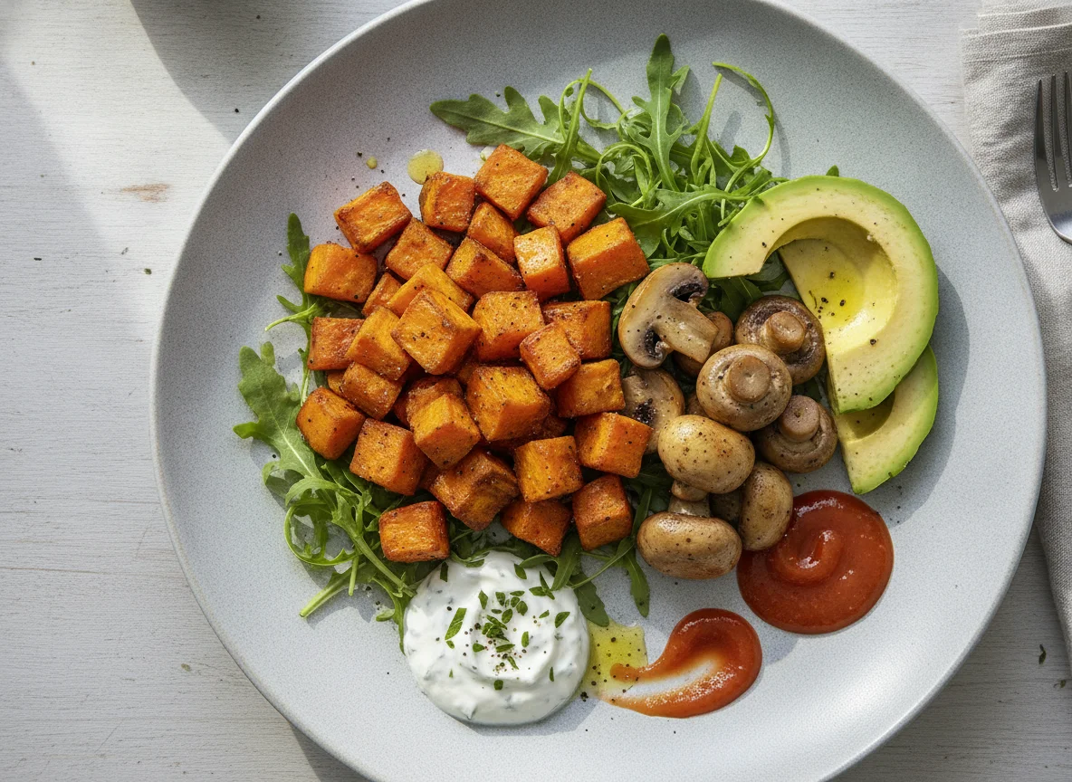 Gemischter Teller mit Süßkartoffeln, Pilzen und Avocado photo