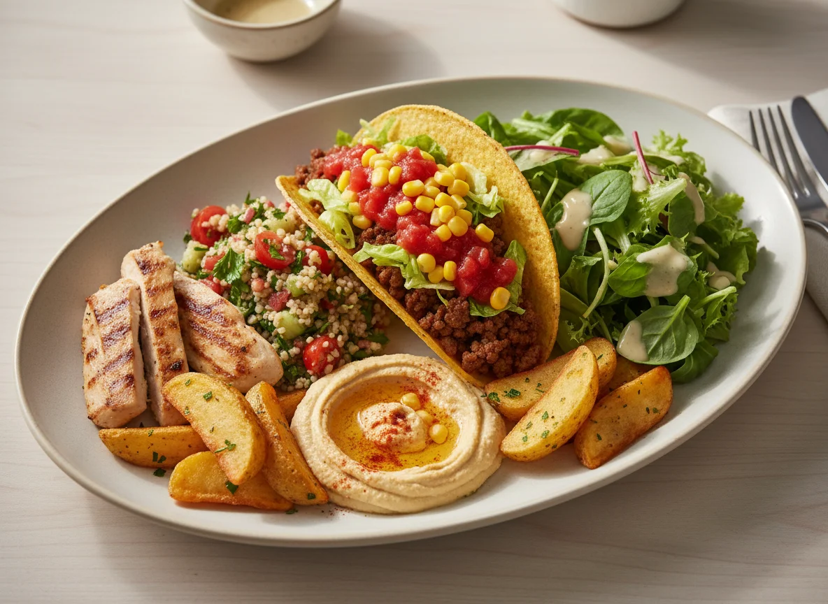 Gemischter Teller mit Taco, Hähnchen und Salat photo
