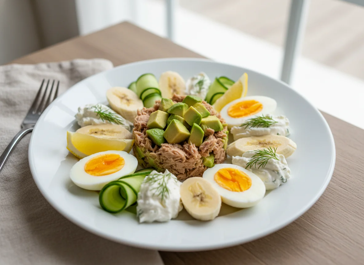 Gemischter Teller mit Thunfisch und Obst photo